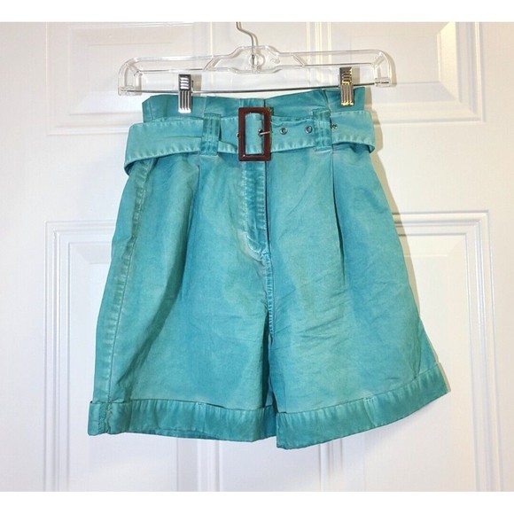 ASOS Paperbag Shorts Acid Wash Blue Womens Size 0 Belted High Rise Mom EUC - Picture 1 of 7